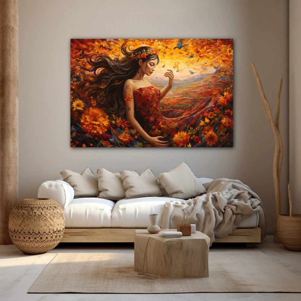 Wall Art titled: Mother Nature in a Horizontal format with: Orange, and Red Colors; Decoration the Beige Wall wall
