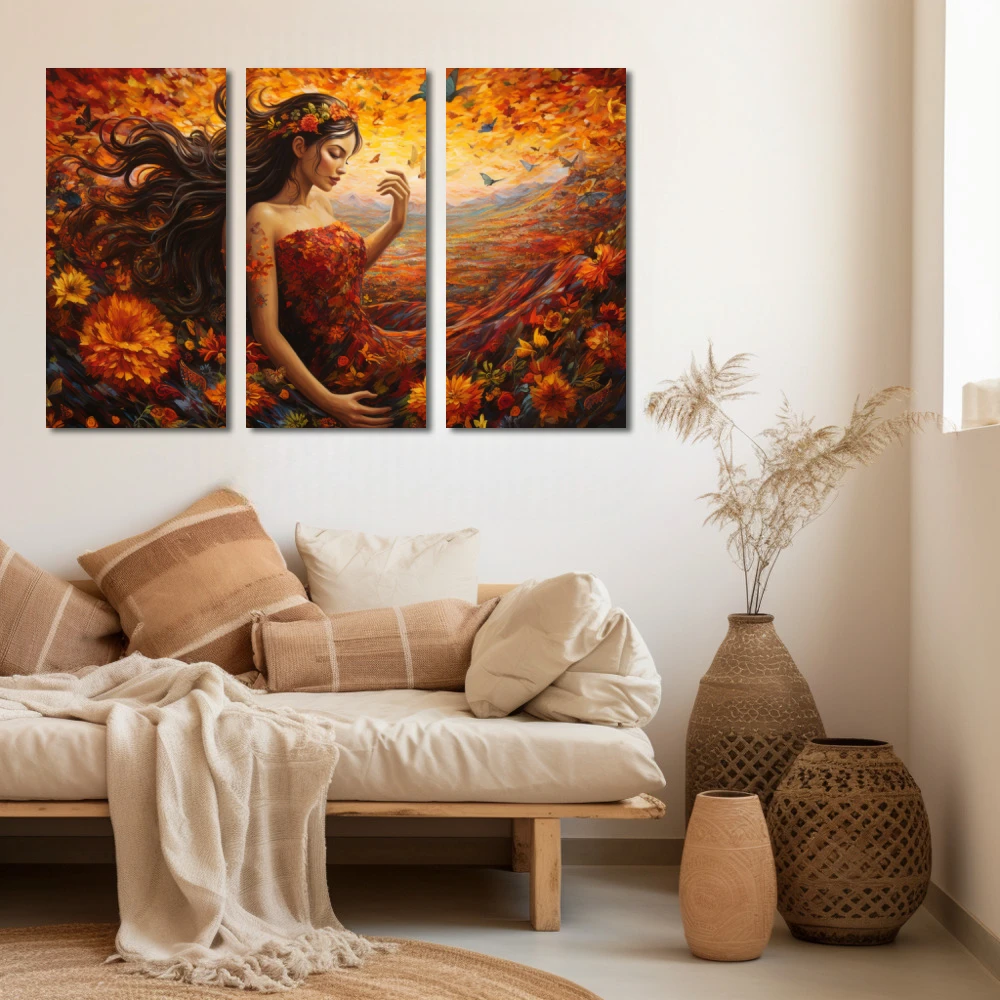 Wall Art titled: Mother Nature in a Horizontal format with: Orange, and Red Colors; Decoration the Beige Wall wall