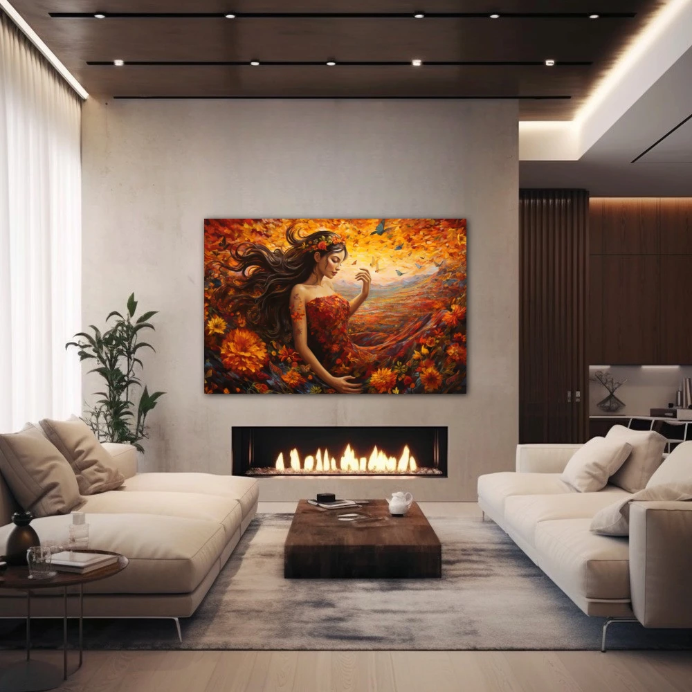 Wall Art titled: Mother Nature in a Horizontal format with: Orange, and Red Colors; Decoration the Fireplace wall