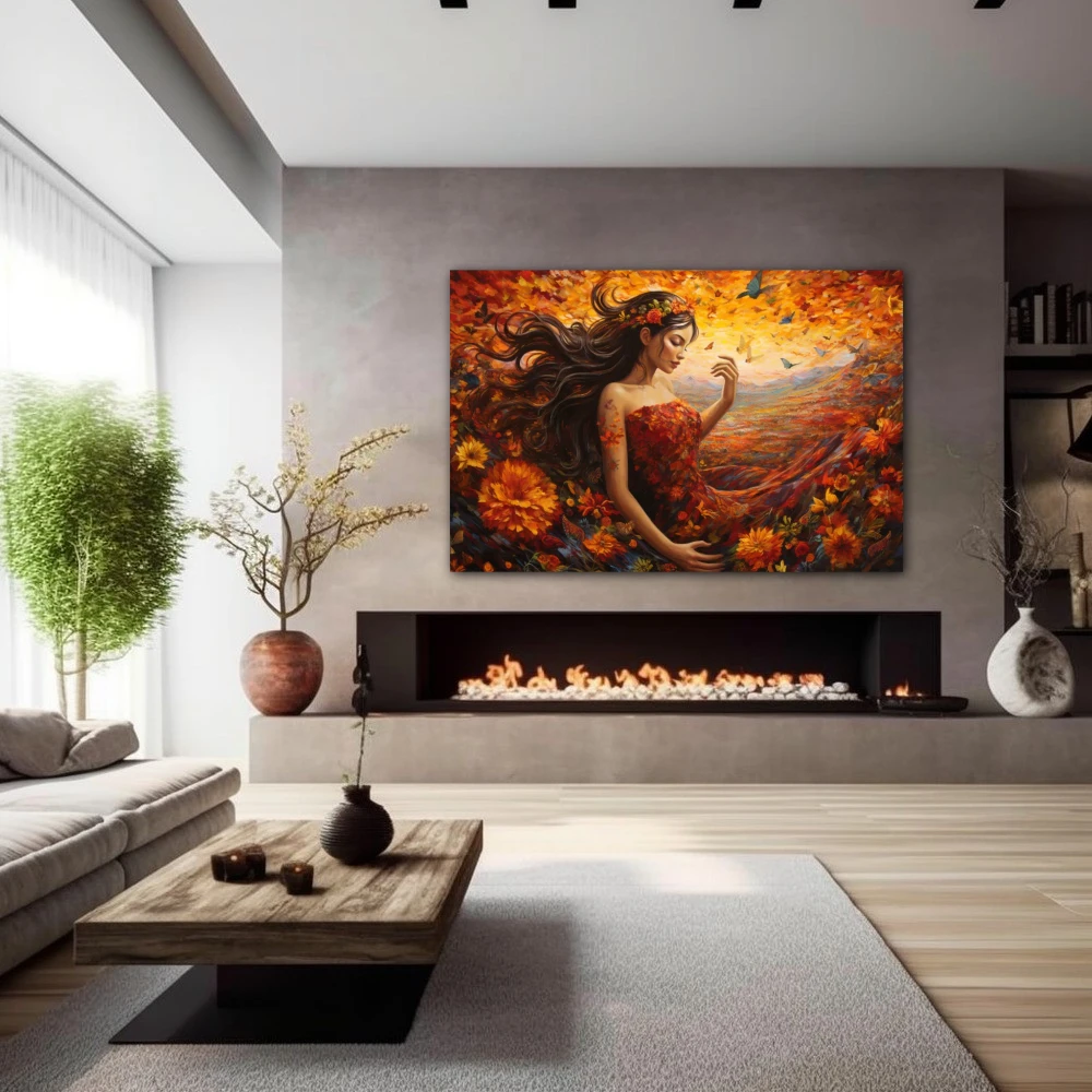 Wall Art titled: Mother Nature in a Horizontal format with: Orange, and Red Colors; Decoration the Fireplace wall