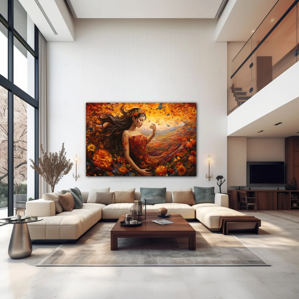 Wall Art titled: Mother Nature in a Horizontal format with: Orange, and Red Colors; Decoration the Above Couch wall