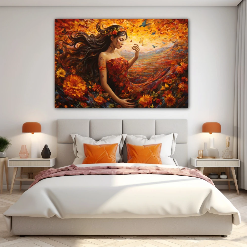 Cuadro madre naturaleza en formato horizontal con colores naranja, rojo; decorando pared de habitación dormitorio