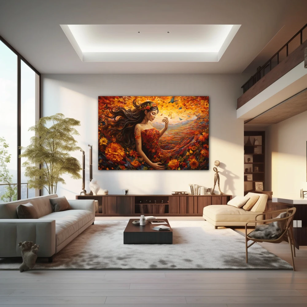 Wall Art titled: Mother Nature in a Horizontal format with: Orange, and Red Colors; Decoration the Living Room wall
