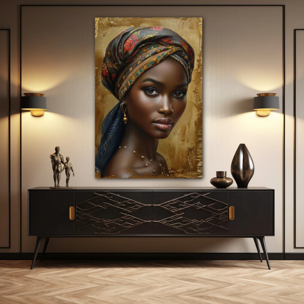 Wall Art titled: Zara Diop in a Vertical format with: Golden, and Brown Colors; Decoration the Sideboard wall