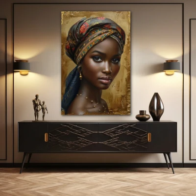 Wall Art titled: Zara Diop in a Vertical format with: Golden, and Brown Colors; Decoration the Sideboard wall