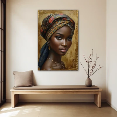 Wall Art titled: Zara Diop in a  format with: Golden, and Brown Colors; Decoration the Beige Wall wall