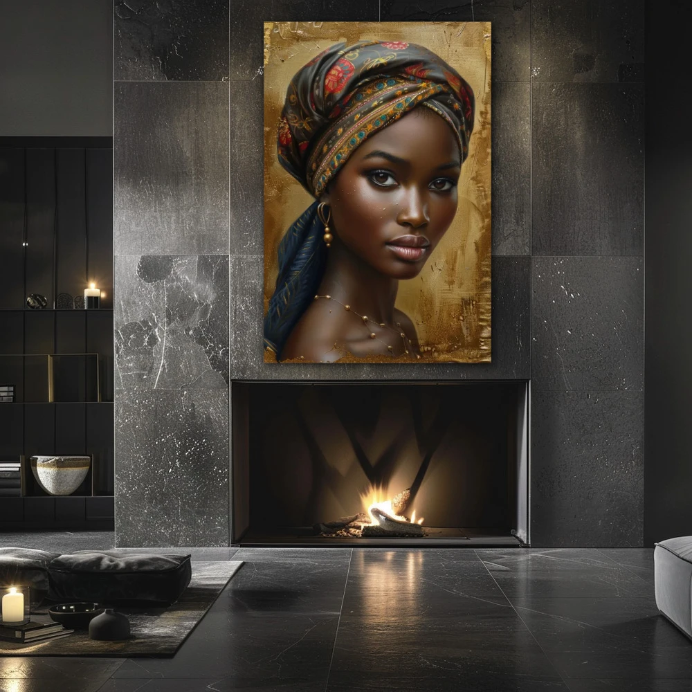 Wall Art titled: Zara Diop in a Vertical format with: Golden, and Brown Colors; Decoration the Fireplace wall