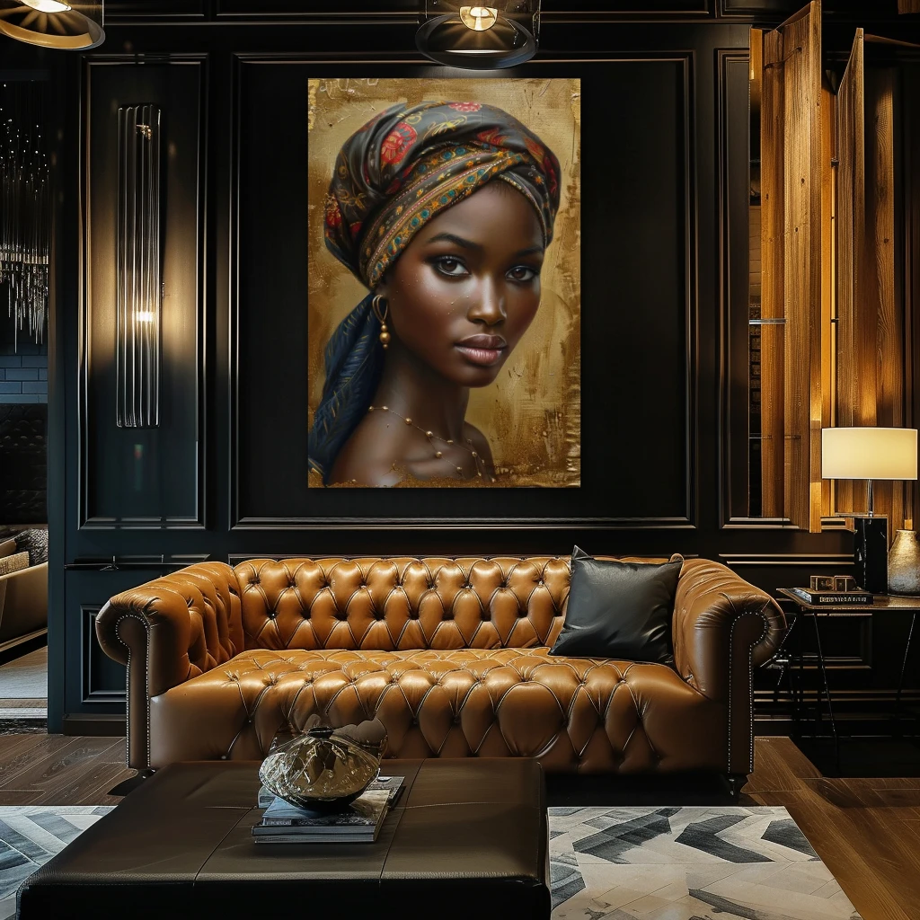 Wall Art titled: Zara Diop in a Vertical format with: Golden, and Brown Colors; Decoration the Above Couch wall