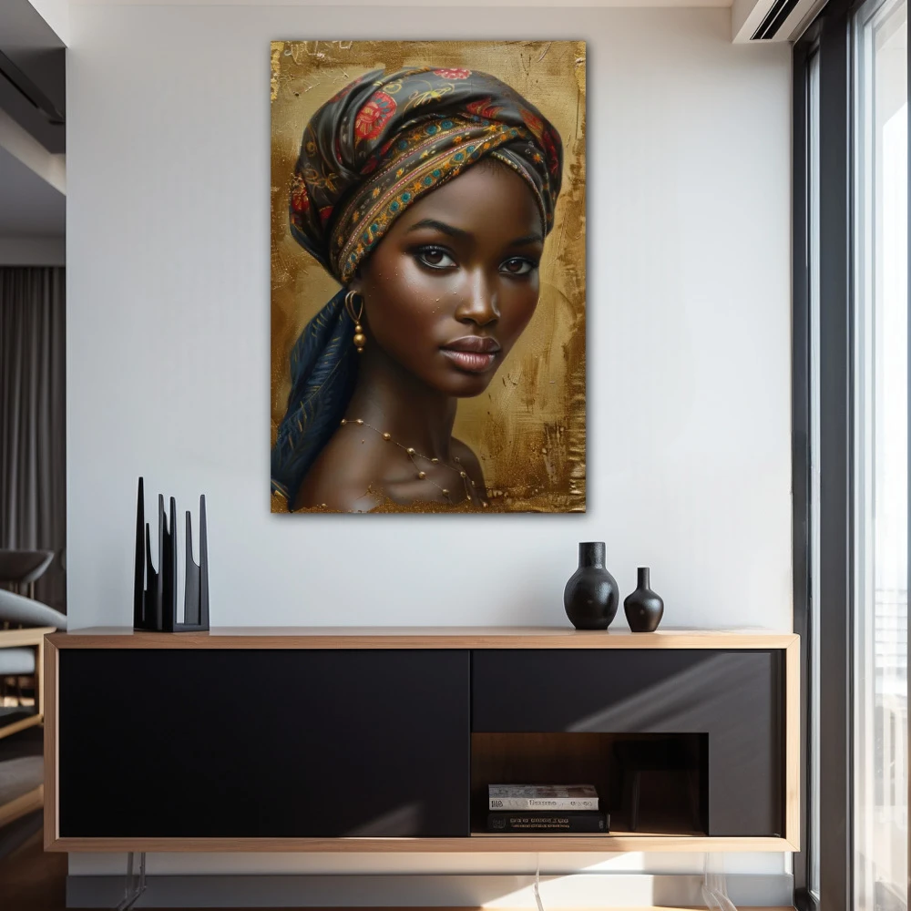 Wall Art titled: Zara Diop in a Vertical format with: Golden, and Brown Colors; Decoration the Entryway wall