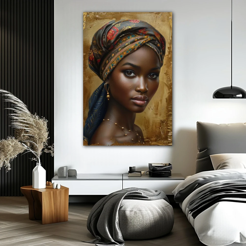 Wall Art titled: Zara Diop in a Vertical format with: Golden, and Brown Colors; Decoration the Bedroom wall