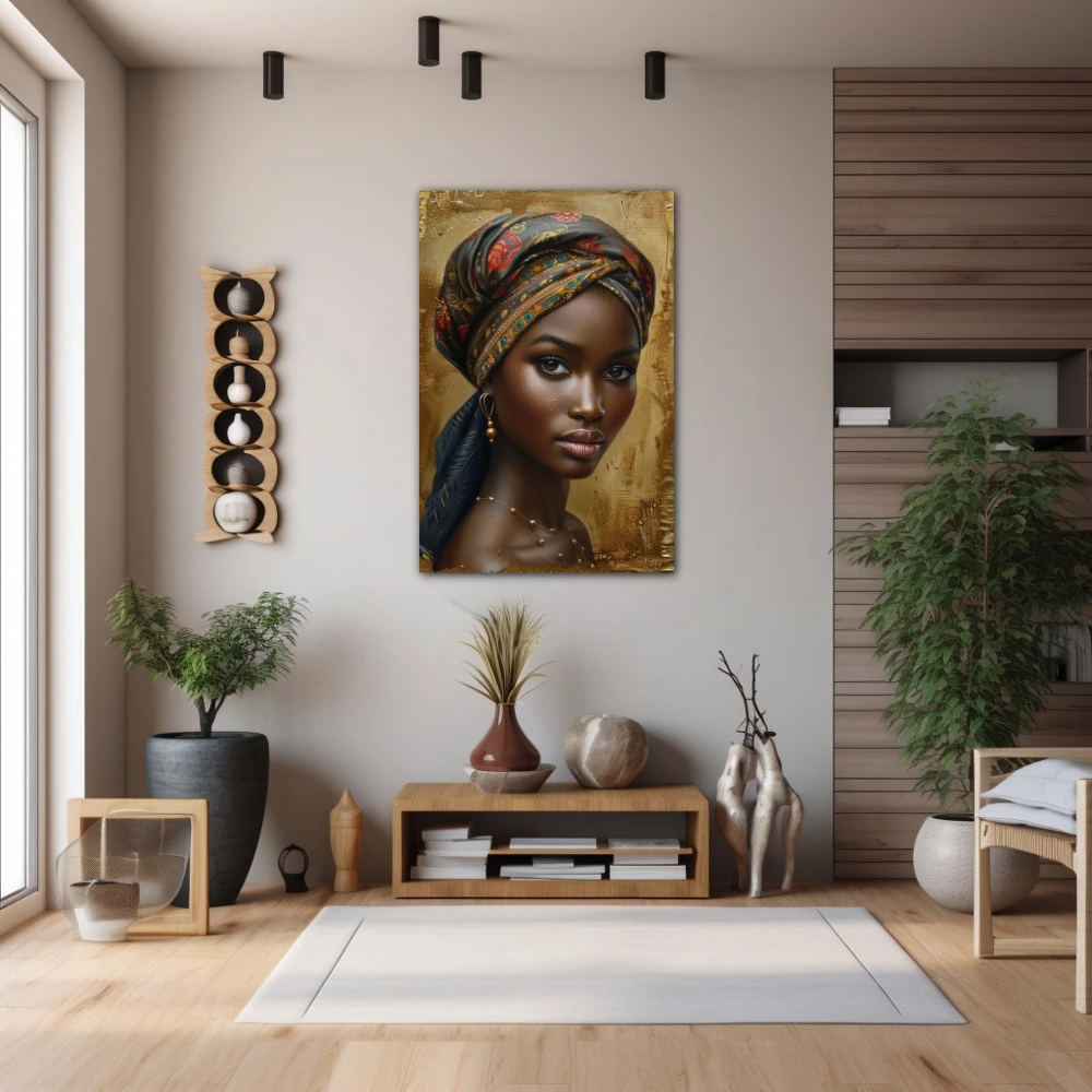 Wall Art titled: Zara Diop in a Vertical format with: Golden, and Brown Colors; Decoration the Hallway wall