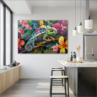 Wall Art titled: Chromatic Camouflage in a  format with: Pink, Green, Violet, and Vivid Colors; Decoration the Kitchen wall