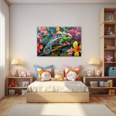 Wall Art titled: Chromatic Camouflage in a  format with: Pink, Green, Violet, and Vivid Colors; Decoration the Nursery wall