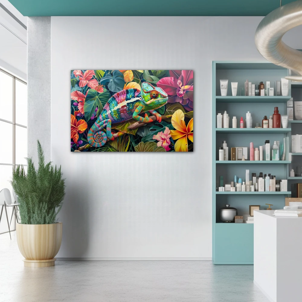Wall Art titled: Chromatic Camouflage in a Horizontal format with: Pink, Green, Violet, and Vivid Colors; Decoration the Pharmacy wall