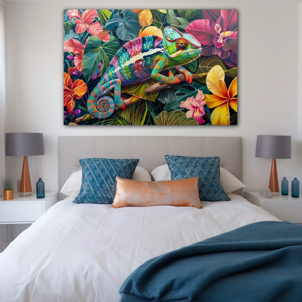 Wall Art titled: Chromatic Camouflage in a Horizontal format with: Pink, Green, Violet, and Vivid Colors; Decoration the Bedroom wall