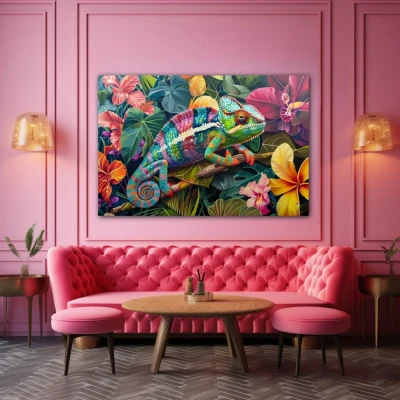Wall Art titled: Chromatic Camouflage in a  format with: Pink, Green, Violet, and Vivid Colors; Decoration the Restaurant wall