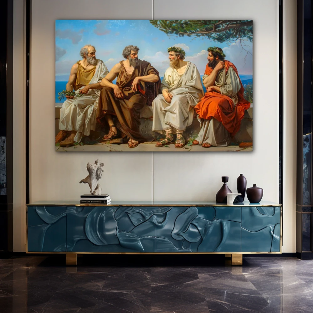 Wall Art titled: Laurels of Knowledge in a Horizontal format with: Blue, Brown, and Orange Colors; Decoration the Sideboard wall