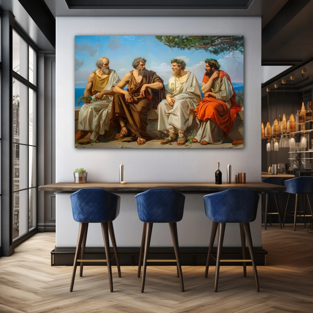 Wall Art titled: Laurels of Knowledge in a Horizontal format with: Blue, Brown, and Orange Colors; Decoration the Bar wall