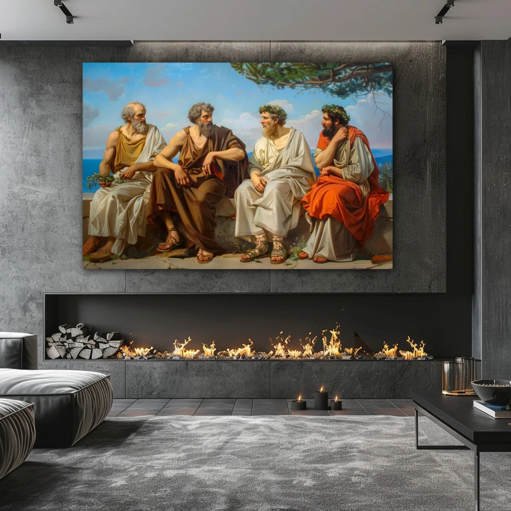 Wall Art titled: Laurels of Knowledge in a Horizontal format with: Blue, Brown, and Orange Colors; Decoration the Fireplace wall