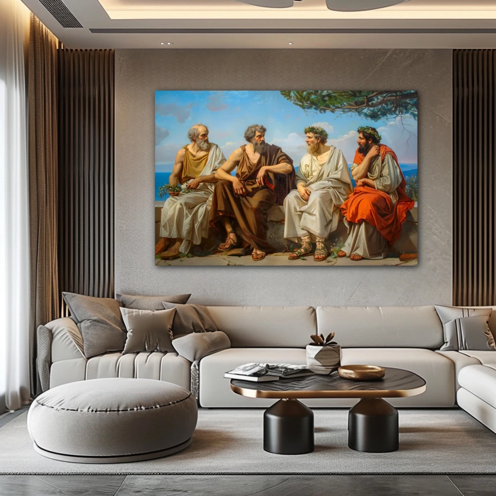 Wall Art titled: Laurels of Knowledge in a Horizontal format with: Blue, Brown, and Orange Colors; Decoration the Above Couch wall