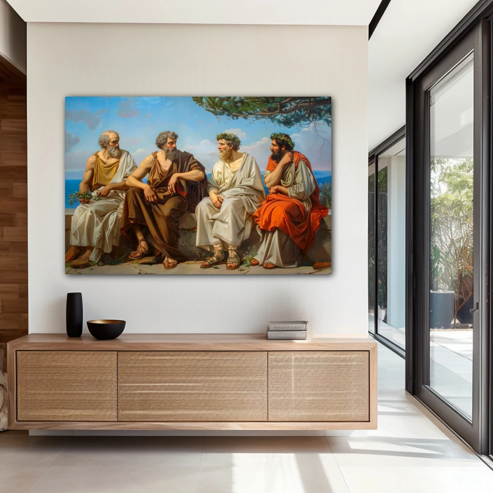 Wall Art titled: Laurels of Knowledge in a Horizontal format with: Blue, Brown, and Orange Colors; Decoration the Entryway wall