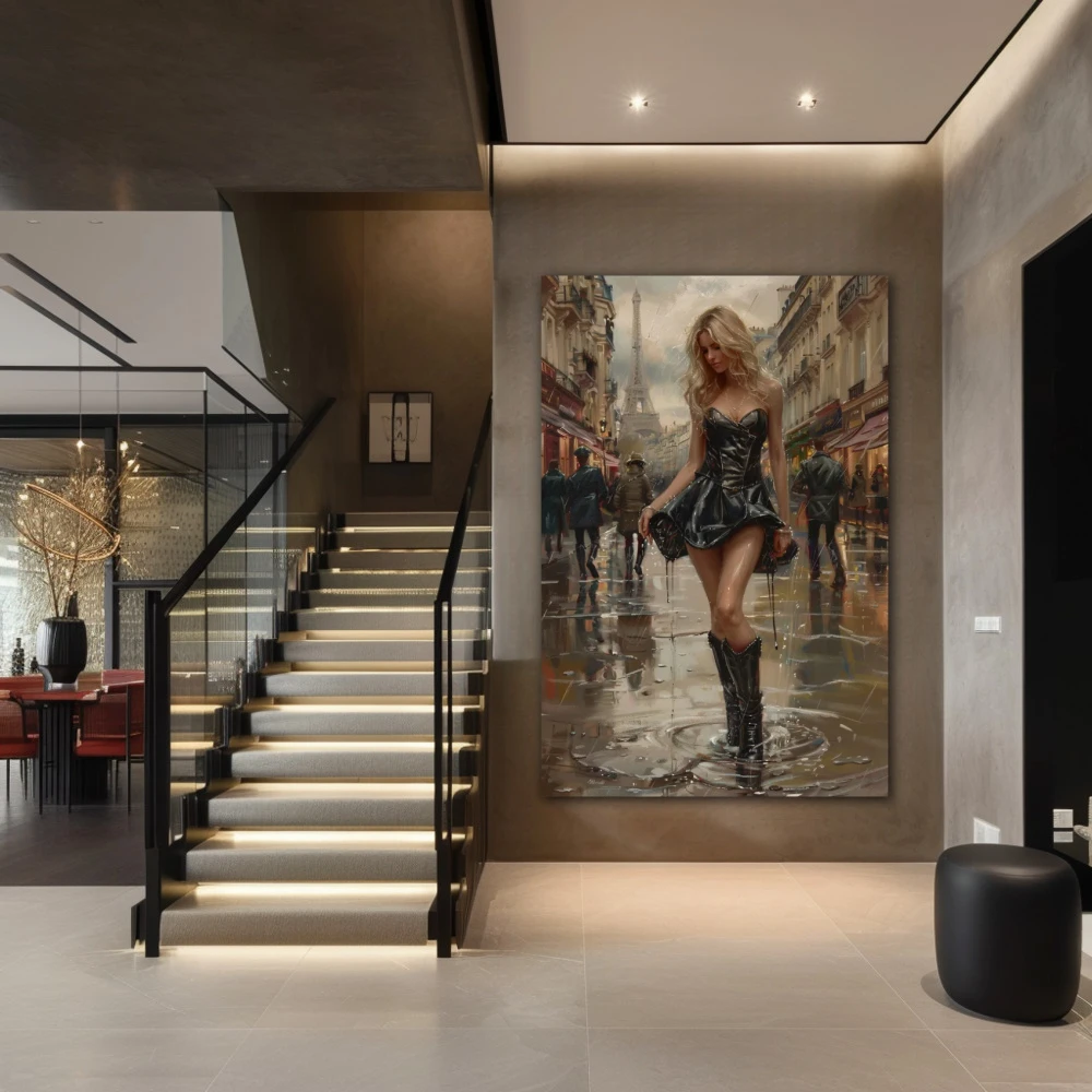 Wall Art titled: Reflections of Paris in a Vertical format with: Grey, Brown, and Black Colors; Decoration the Staircase wall