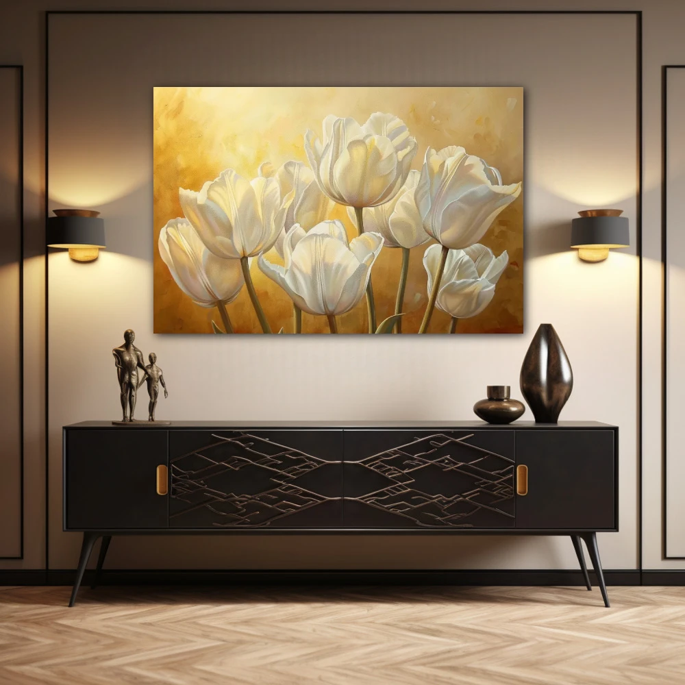 Cuadro atardecer de tulipanes dorados en formato horizontal con colores amarillo, blanco, dorado; decorando pared de aparador