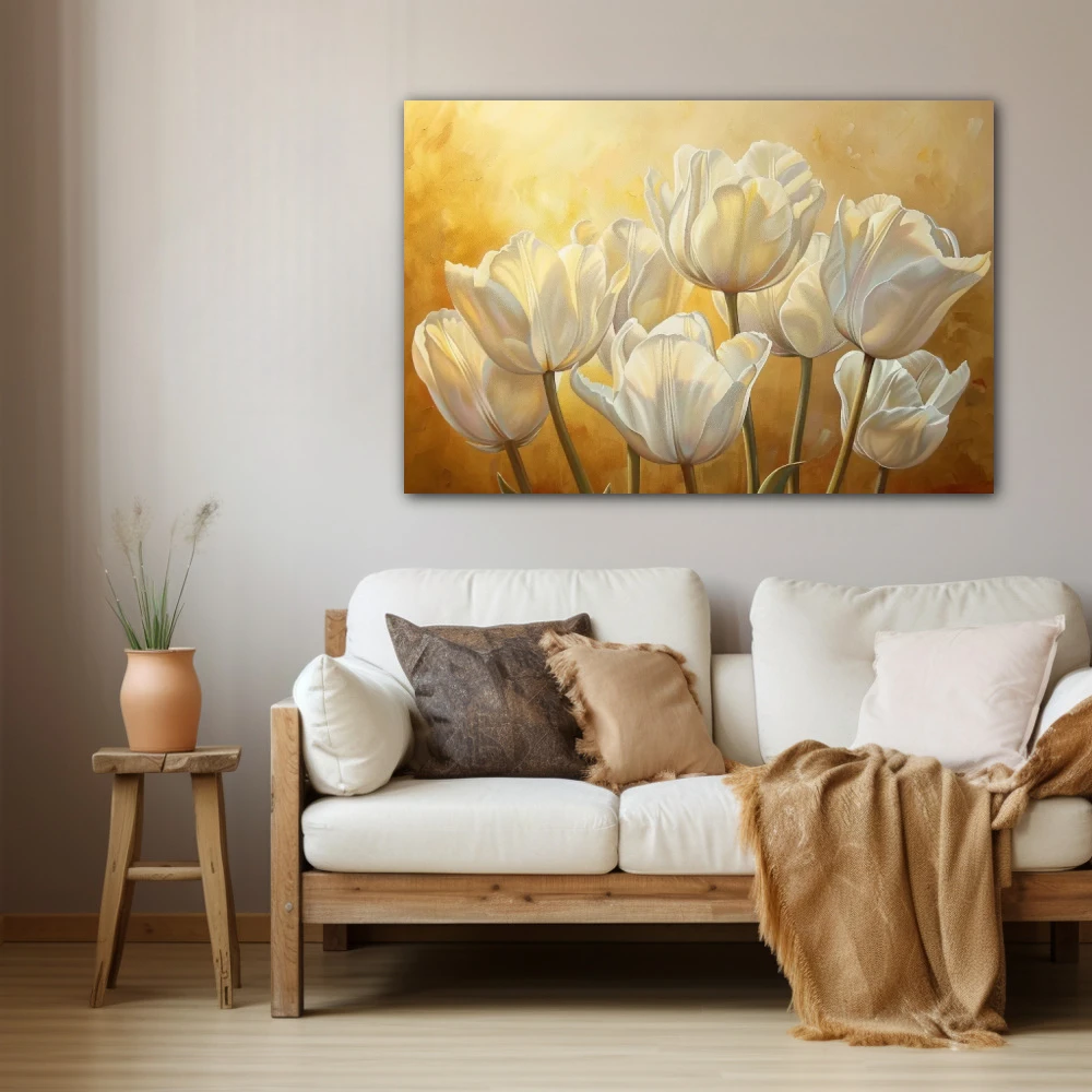 Cuadro atardecer de tulipanes dorados en formato horizontal con colores amarillo, blanco, dorado; decorando pared beige