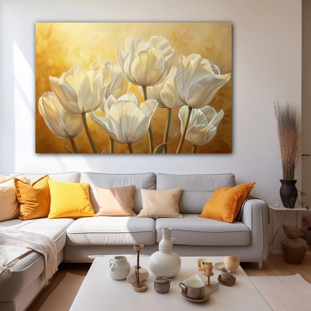 Cuadro atardecer de tulipanes dorados en formato horizontal con colores amarillo, blanco, dorado; decorando pared blanca