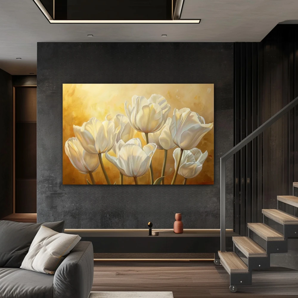 Wall Art titled: Golden Tulip Sunset in a Horizontal format with: Yellow, white, and Golden Colors; Decoration the Staircase wall