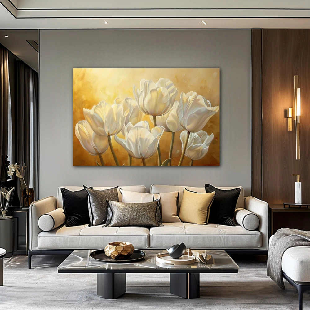 Wall Art titled: Golden Tulip Sunset in a Horizontal format with: Yellow, white, and Golden Colors; Decoration the Living Room wall
