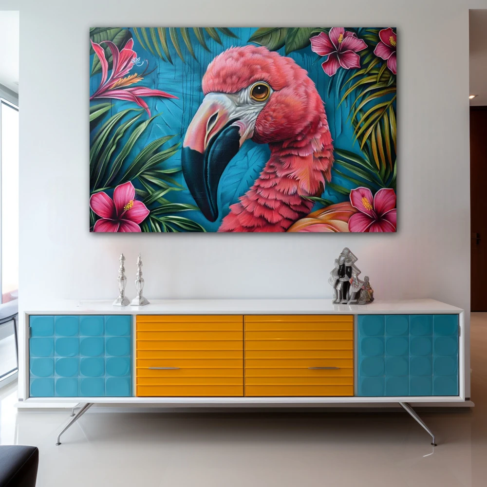 Cuadro esplendor tropical en formato horizontal con colores azul, rosa, verde, vivos; decorando pared de aparador