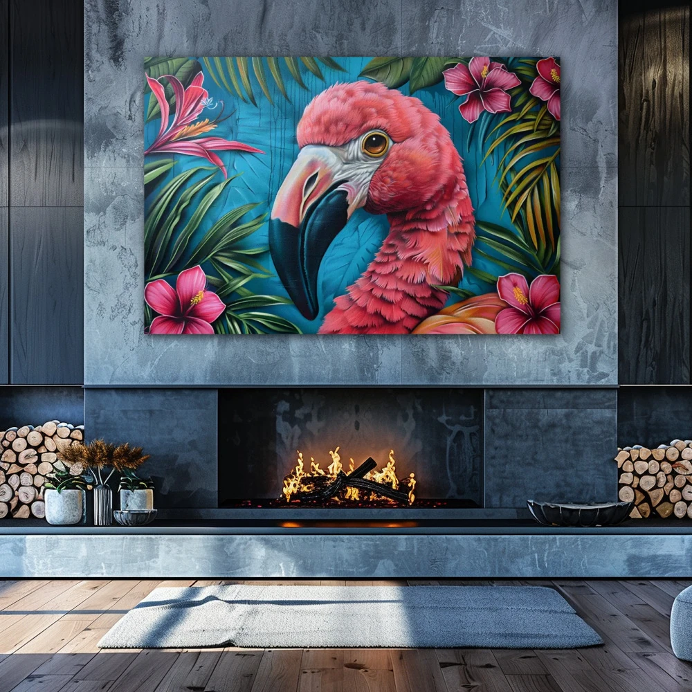 Wall Art titled: Tropical Splendor in a Horizontal format with: Blue, Pink, Green, and Vivid Colors; Decoration the Fireplace wall