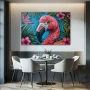 Wall Art titled: Tropical Splendor in a Horizontal format with: Blue, Pink, Green, and Vivid Colors; Decoration the Kitchen wall