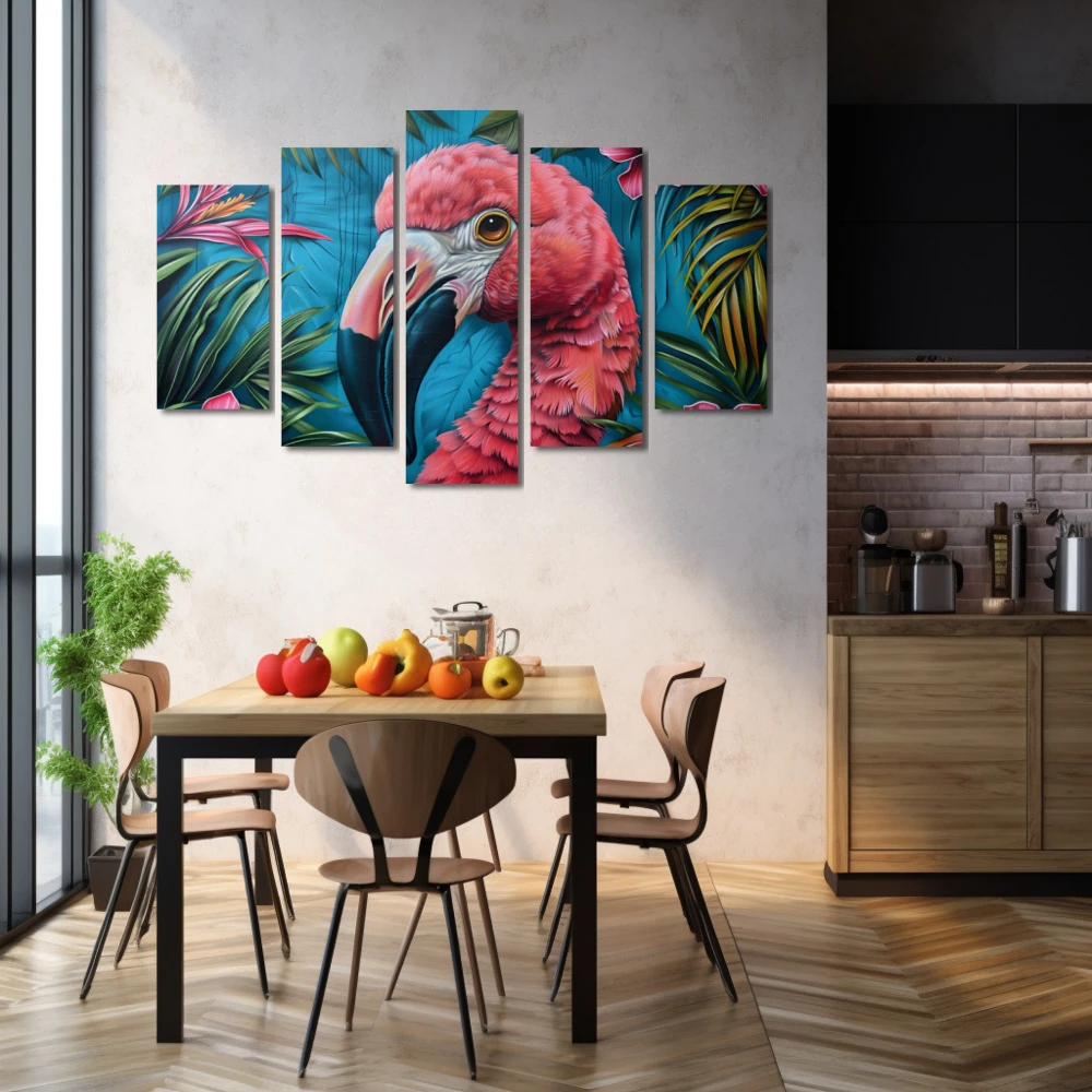 Cuadro esplendor tropical en formato políptico con colores azul, rosa, verde, vivos; decorando pared de cocina