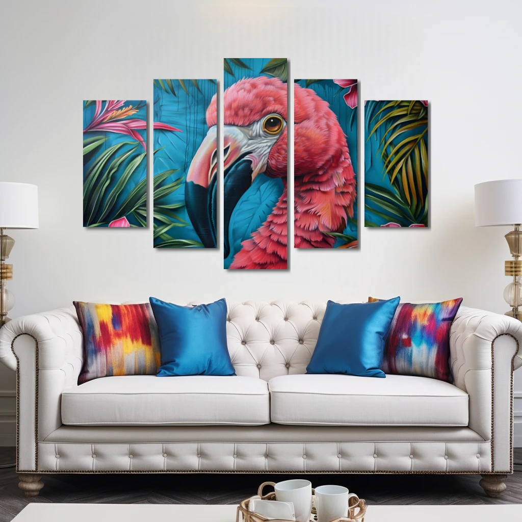 Wall Art titled: Tropical Splendor in a Horizontal format with: Blue, Pink, Green, and Vivid Colors; Decoration the Above Couch wall