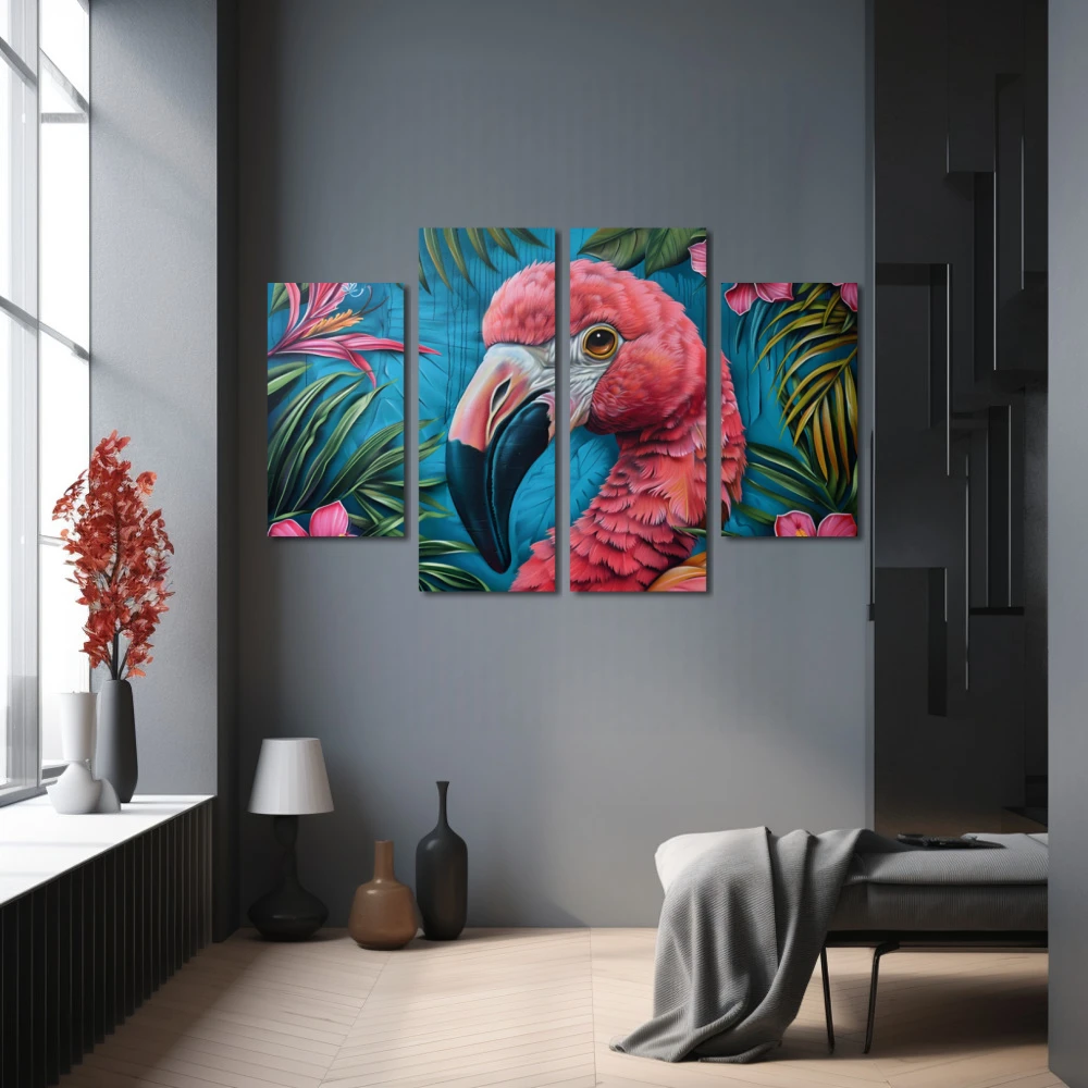 Wall Art titled: Tropical Splendor in a Horizontal format with: Blue, Pink, Green, and Vivid Colors; Decoration the Grey Walls wall