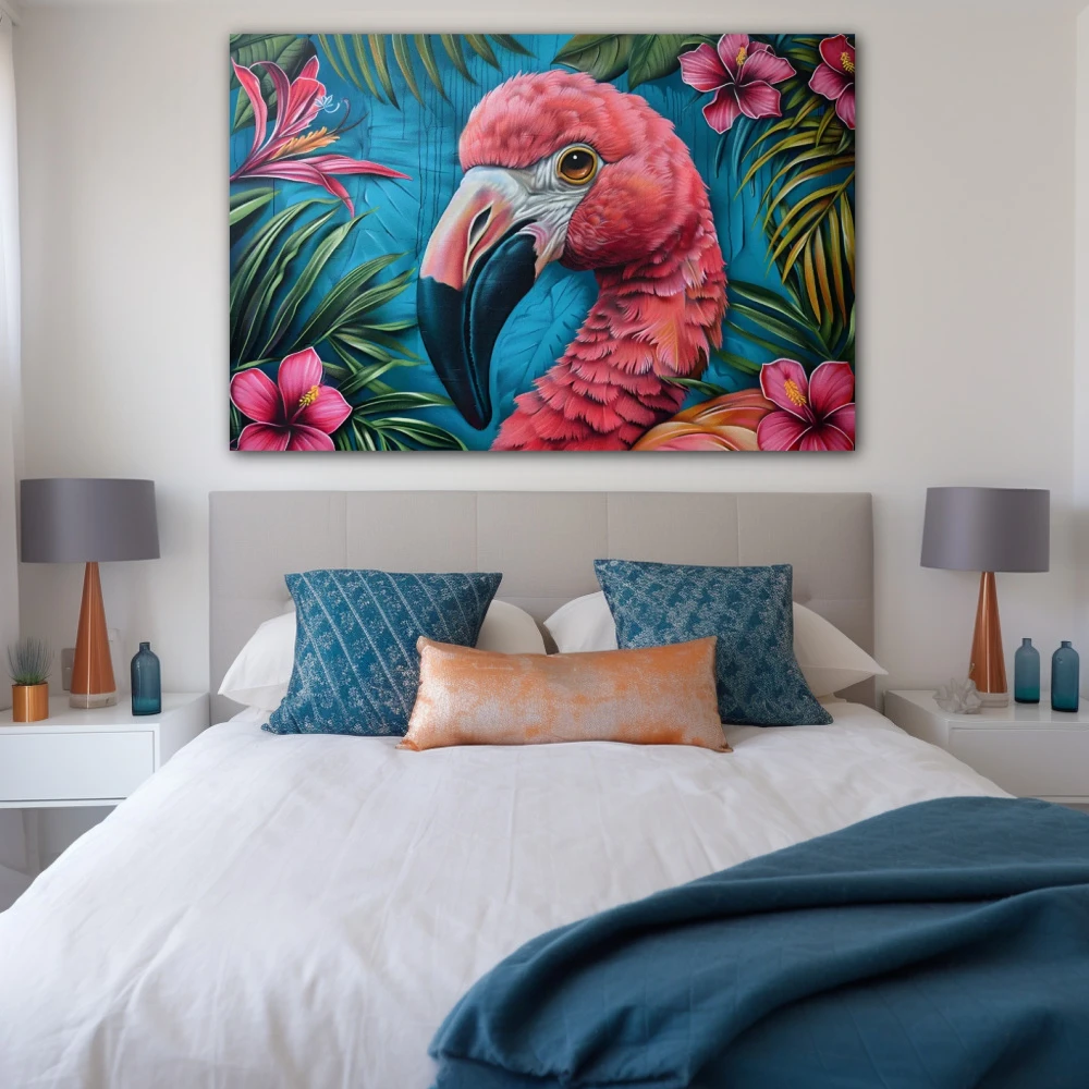 Cuadro esplendor tropical en formato horizontal con colores azul, rosa, verde, vivos; decorando pared de habitación dormitorio