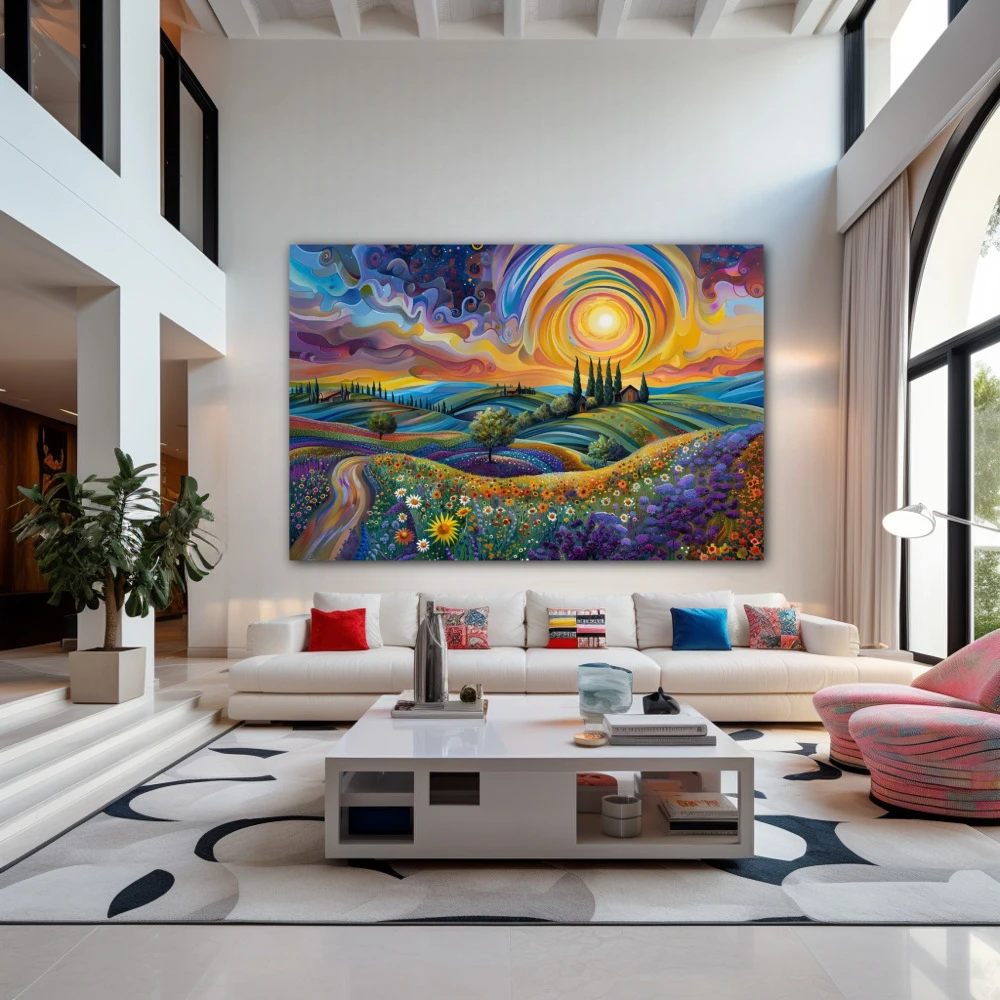 Wall Art titled: Dreams of Chromatic Arcadia in a Horizontal format with: Yellow, Blue, Violet, and Vivid Colors; Decoration the Living Room wall