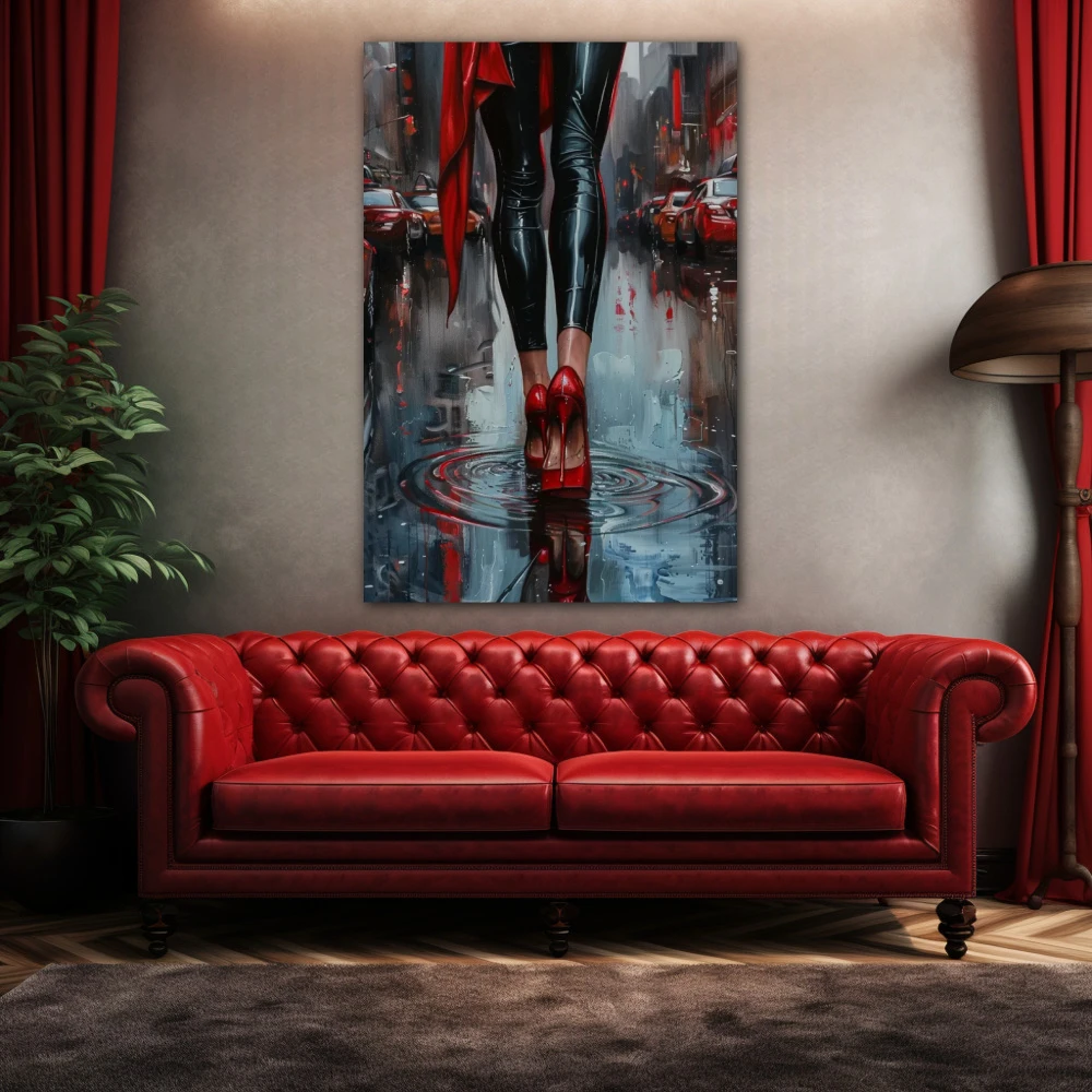 Cuadro tacón y paso firme en formato vertical con colores gris, negro, rojo; decorando pared de encima del sofá