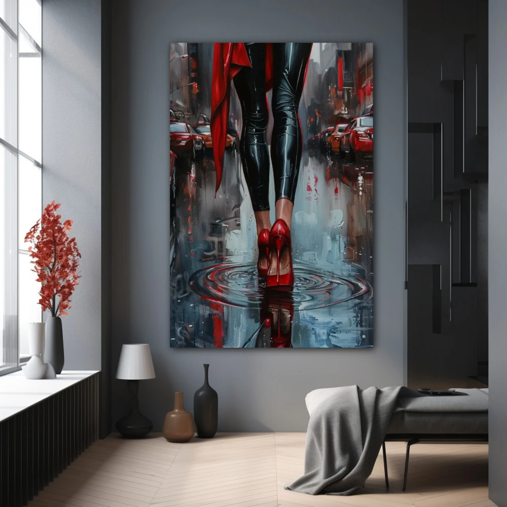 Cuadro tacón y paso firme en formato vertical con colores gris, negro, rojo; decorando pared gris