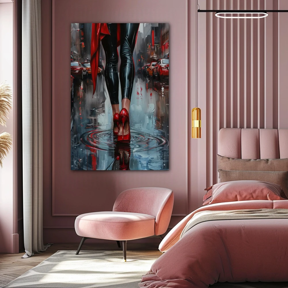 Cuadro tacón y paso firme en formato vertical con colores gris, negro, rojo; decorando pared de habitación dormitorio