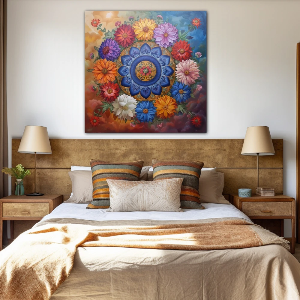 Wall Art titled: Spring Mirror in a Square format with: Orange, and Red Colors; Decoration the Bedroom wall