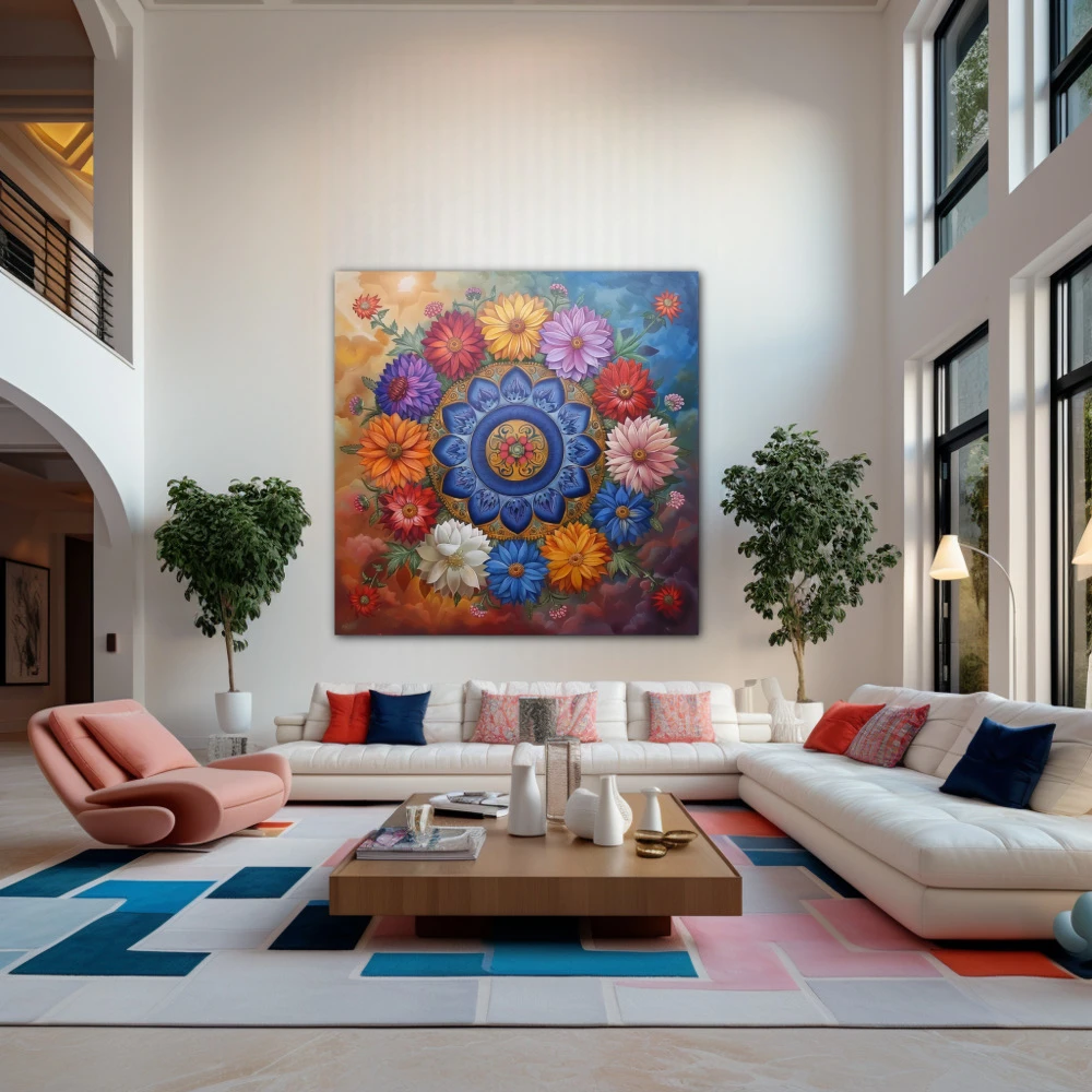 Wall Art titled: Spring Mirror in a Square format with: Orange, and Red Colors; Decoration the Living Room wall
