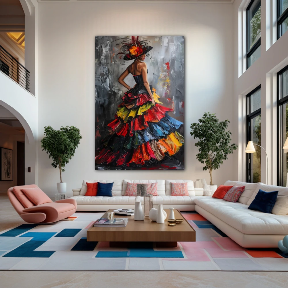 Cuadro vestido de colores ardientes en formato vertical con colores azul, gris, rojo, vivos; decorando pared de salón comedor