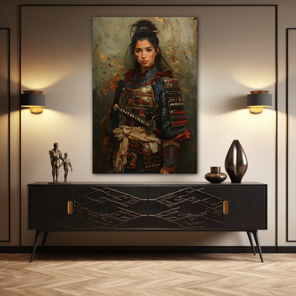 Wall Art titled: Echos of Valhalla in a Vertical format with: Red, and Green Colors; Decoration the Sideboard wall