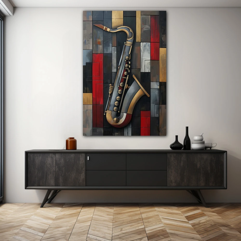 Cuadro esencia de jazz en formato vertical con colores gris, negro, rojo; decorando pared de aparador