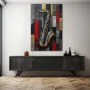 Wall Art titled: Essence of Jazz in a Vertical format with: Grey, Black, and Red Colors; Decoration the Sideboard wall
