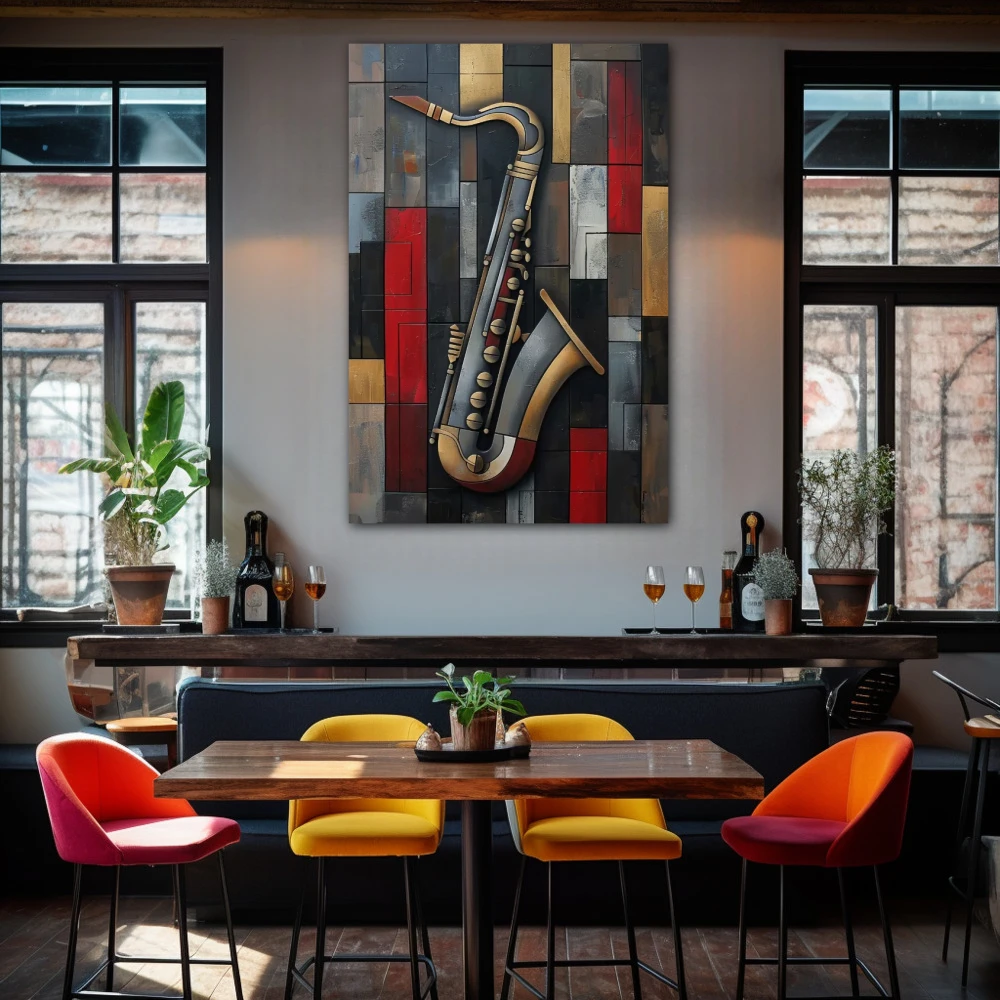 Wall Art titled: Essence of Jazz in a Vertical format with: Grey, Black, and Red Colors; Decoration the Bar wall