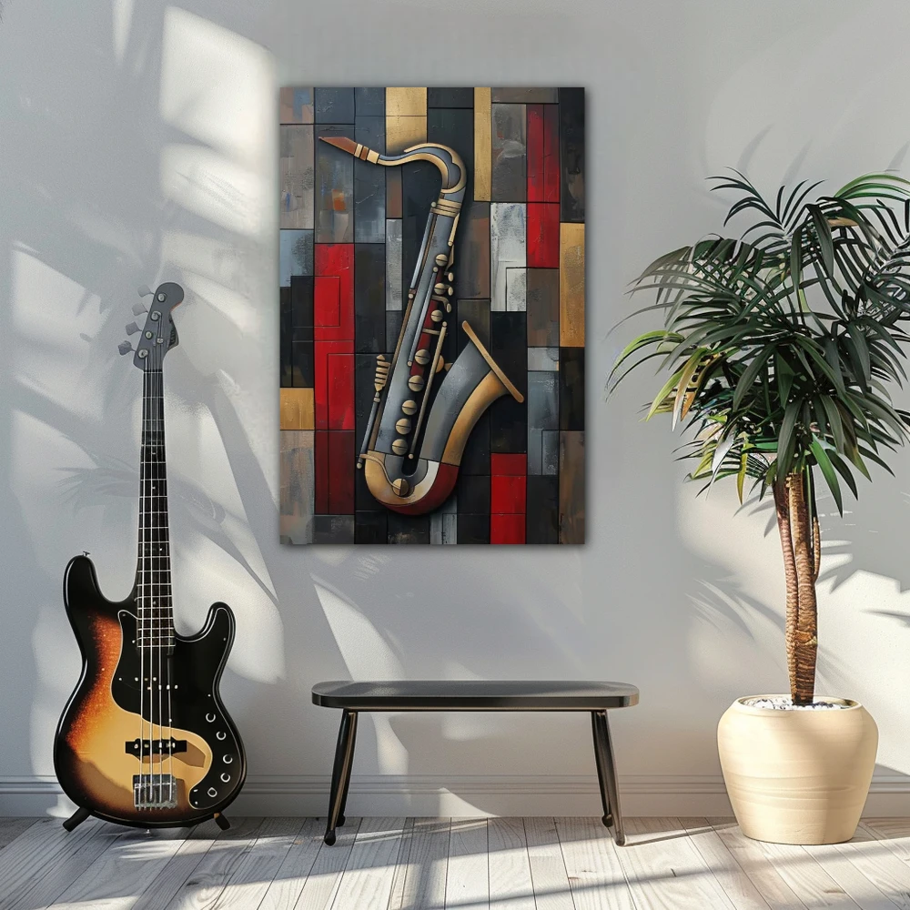 Wall Art titled: Essence of Jazz in a Vertical format with: Grey, Black, and Red Colors; Decoration the White Wall wall